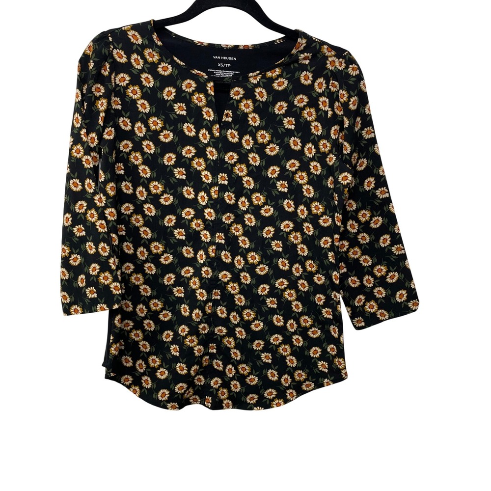 Van Heusen Black Daisy Floral‎ 3/4 Sleeve Top Blouse Shirt Boho Hippy Y2K  XS